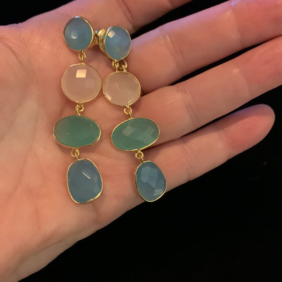 Beautiful Gemstone Dangle Earrings.  Gold four stone dangle earrings. - Picture 6 of 7